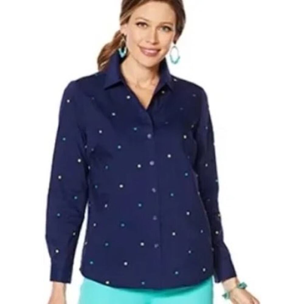 Lemon Way Blue Dot Embroidered Button-Down Shirt Plus Size 1X Poplin Stretch